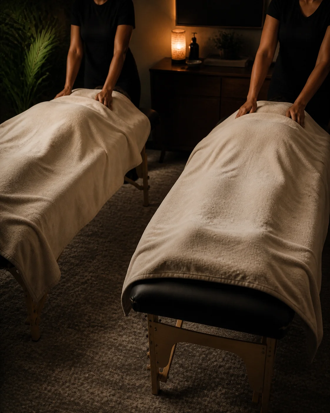 Two therapists giving simultaneous massages on side-by-side tables in a softly lit room.