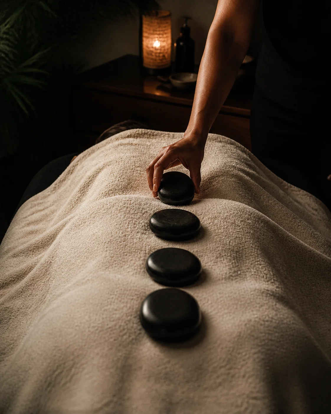 Therapist placing smooth black stones along a draped back during a hot stone massage.