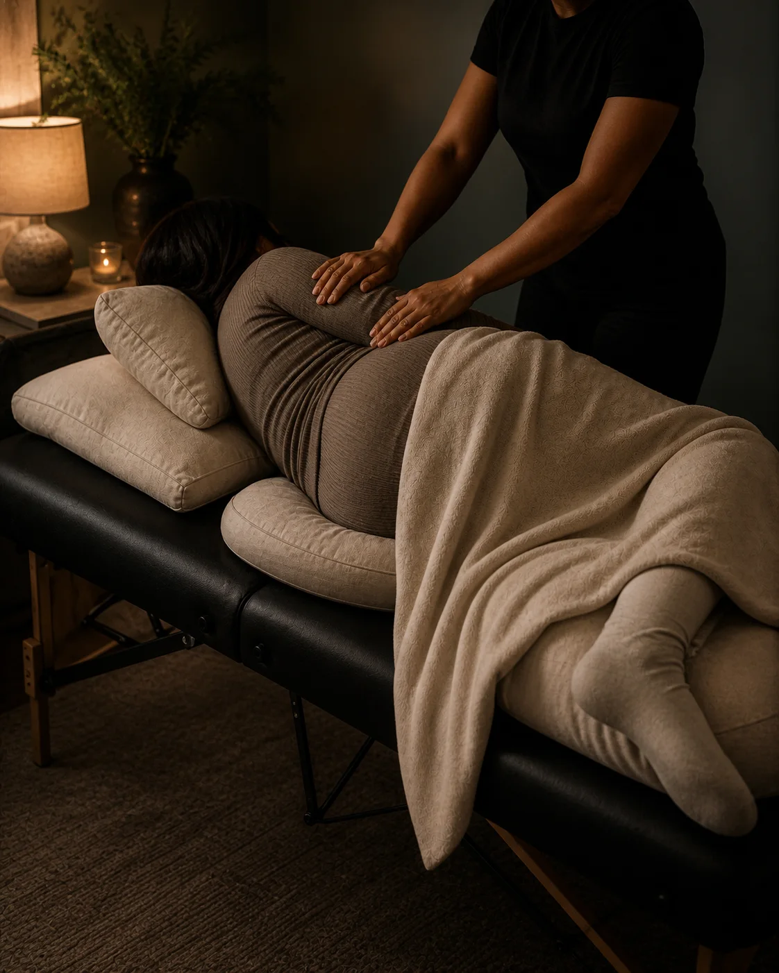 Therapist working on the shoulder of a side-lying pregnant client supported with pillows.